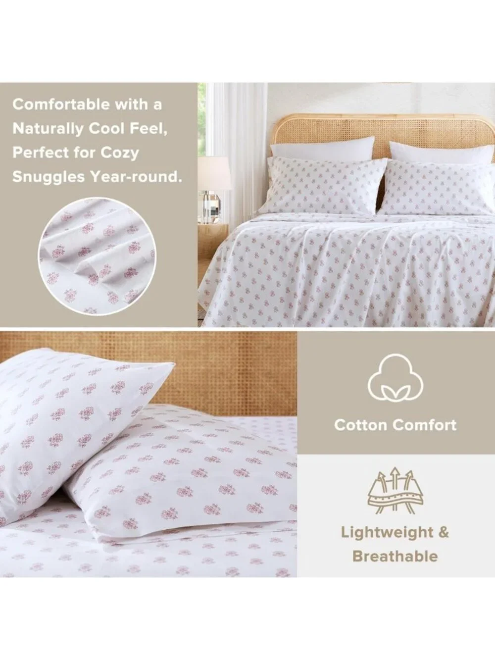 Soft Floral Pink 100% Cotton Queen Sheet Set - Breathable, Cool, Fits 14